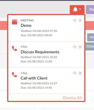 Notification panel showing individual notifications with Snooze and Dismiss icons