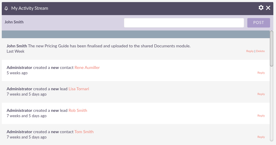 Activity Stream Dashlet showing a feed of updates