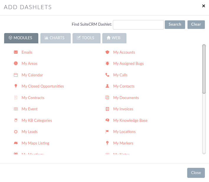 Add Dashlets pop-up showing multiple tabs