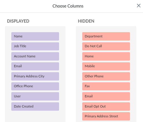 Column Chooser panel showing available and displayed columns