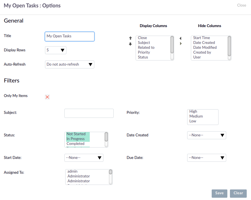 Dashlet configuration pop-up showing General and Filters sections