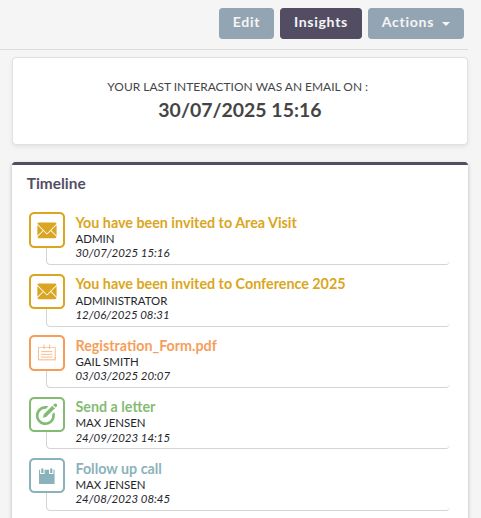 Insights panel in the Detail View showing last interaction and timeline