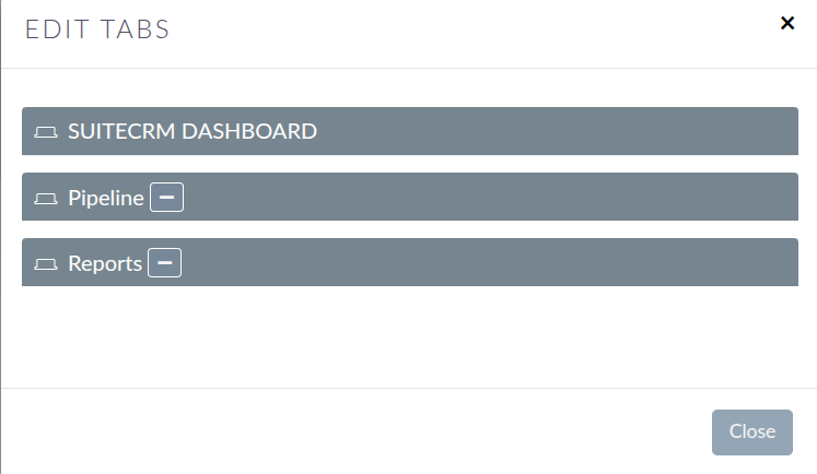Edit Tabs pop-up showing Dashboard tabs with remove icons