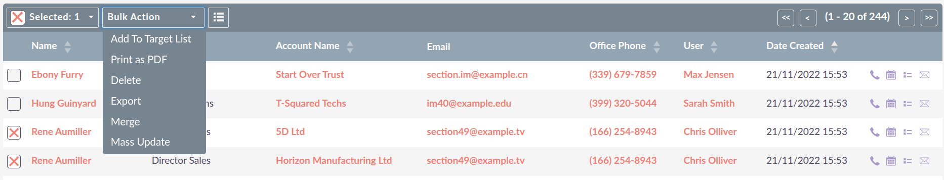 Bulk Action drop-down showing Export option