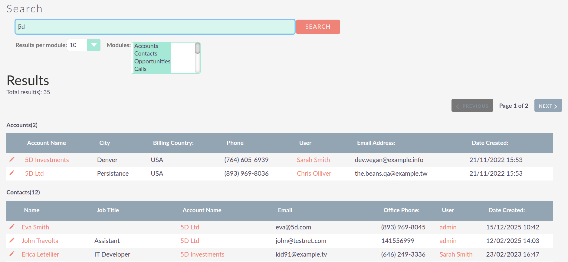 Global search results page grouped by module