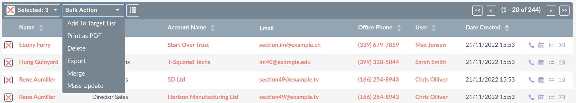 Bulk Action drop-down showing Mass Update option