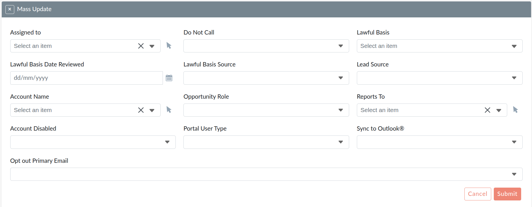 Mass Update panel showing fields available for update