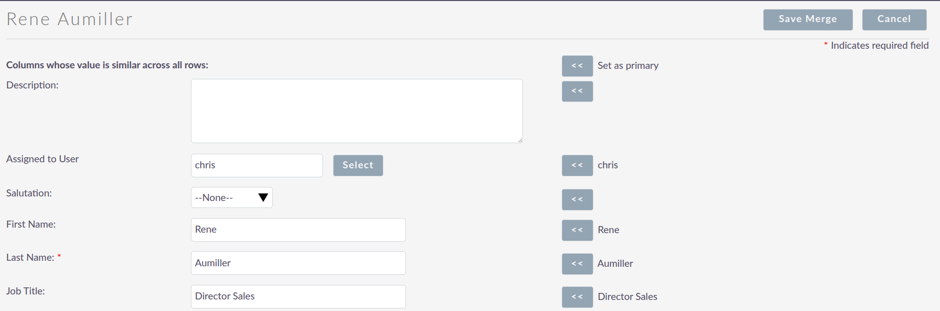 Merge screen showing primary and duplicate records with field selection