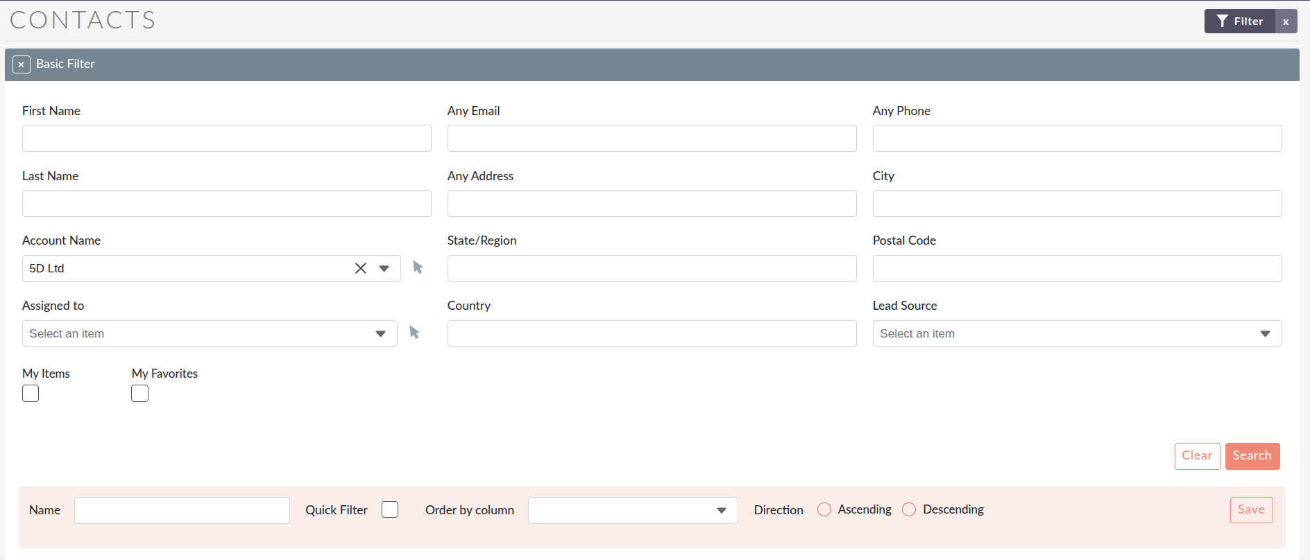 Module search filter panel in a List View