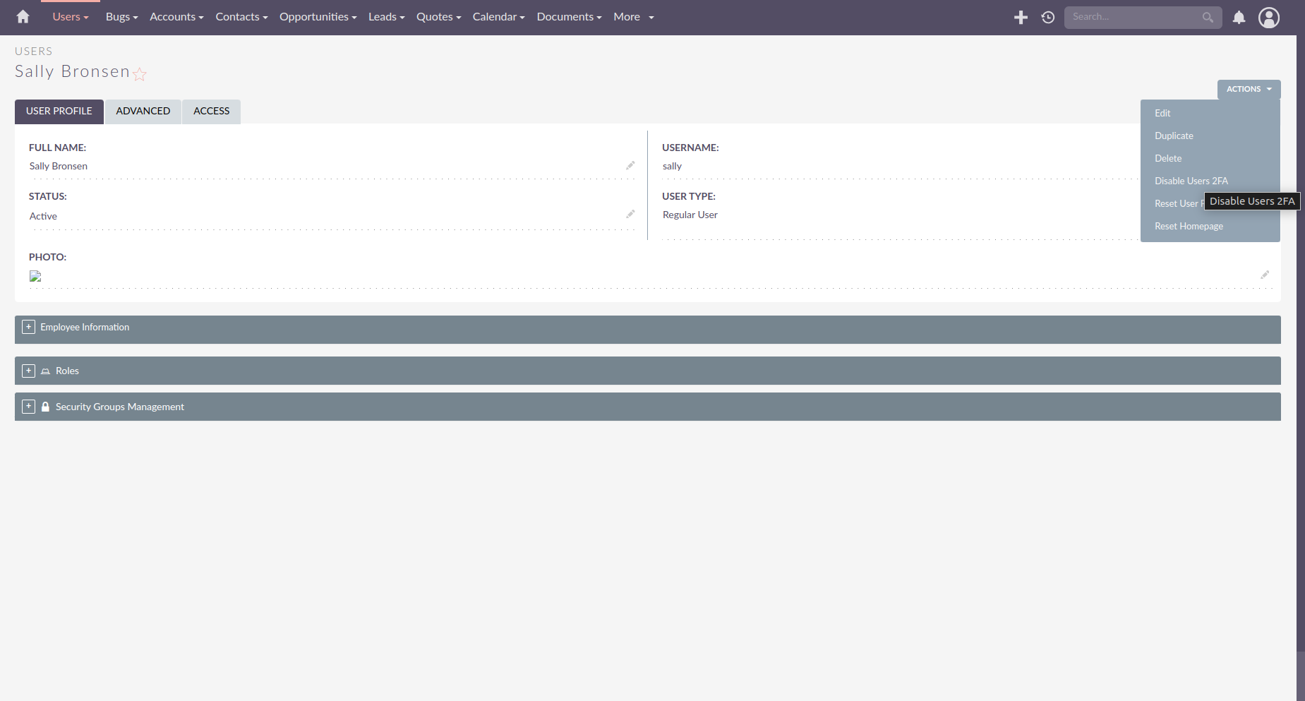 Admin disabling 2FA via user profile