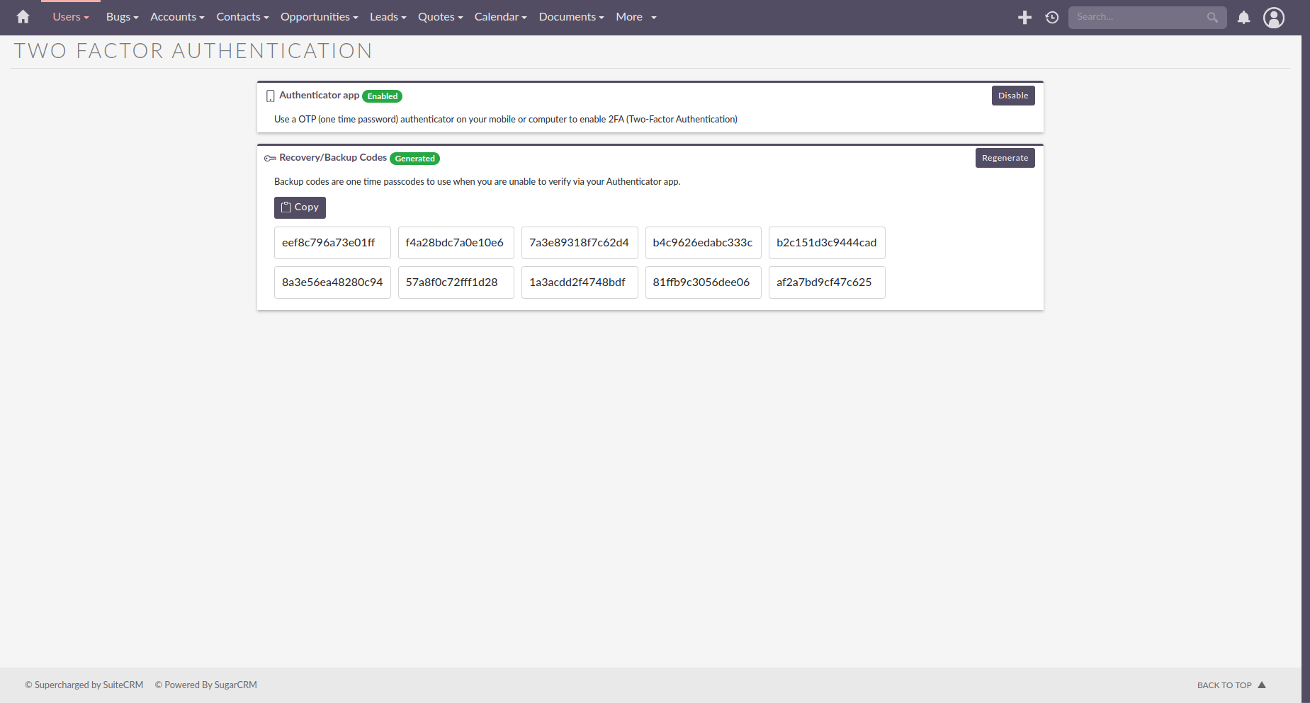 Recovery codes displayed after enabling 2FA