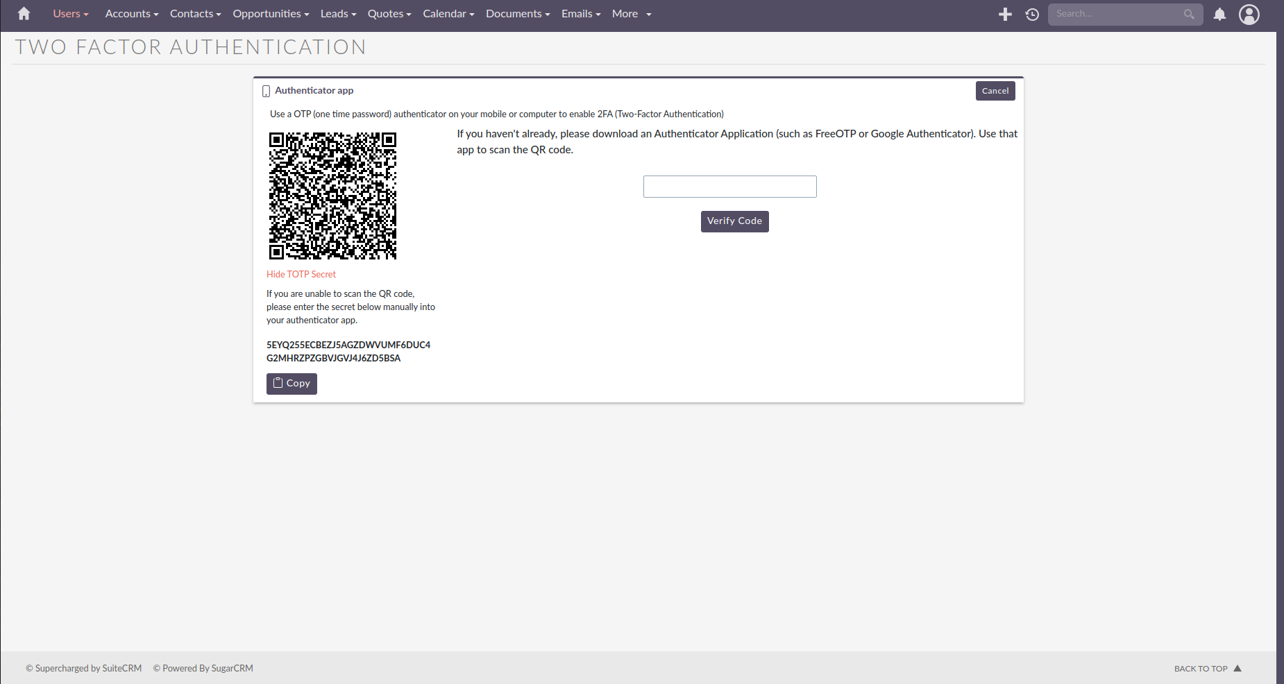 Manual secret key for authenticator setup