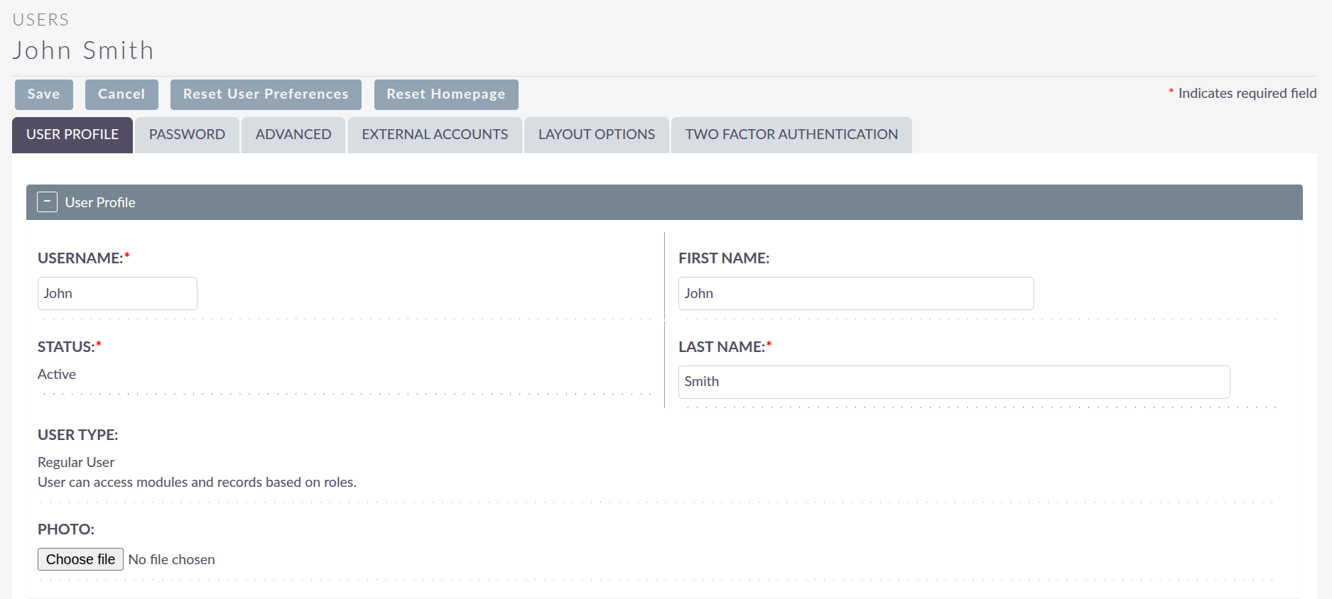 User Profile tab