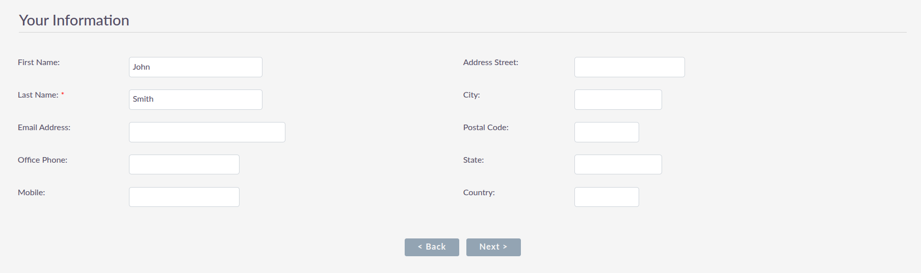 User Wizard your information screen