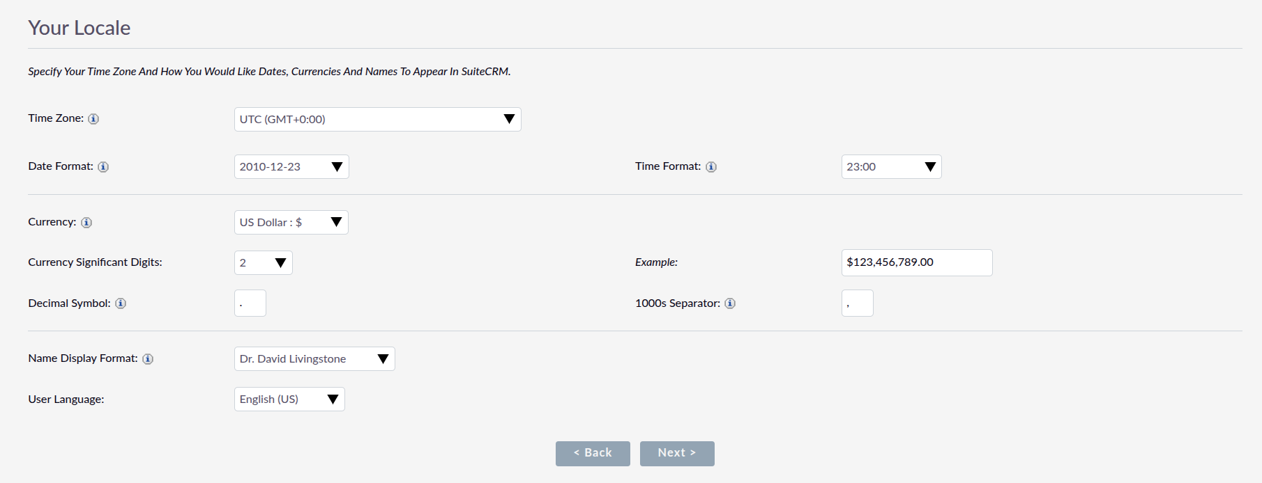 User Wizard locale settings screen